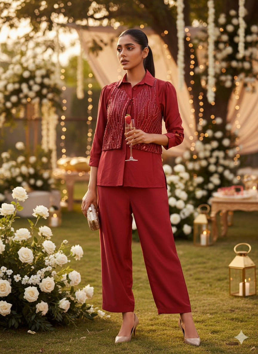 Maroon Sequin Partywear Waistcoat Co-Ord set