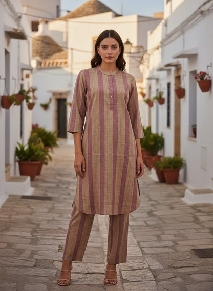 Purple & Brown Stripe Front Button Kurta Pant set - Coord Set for Women