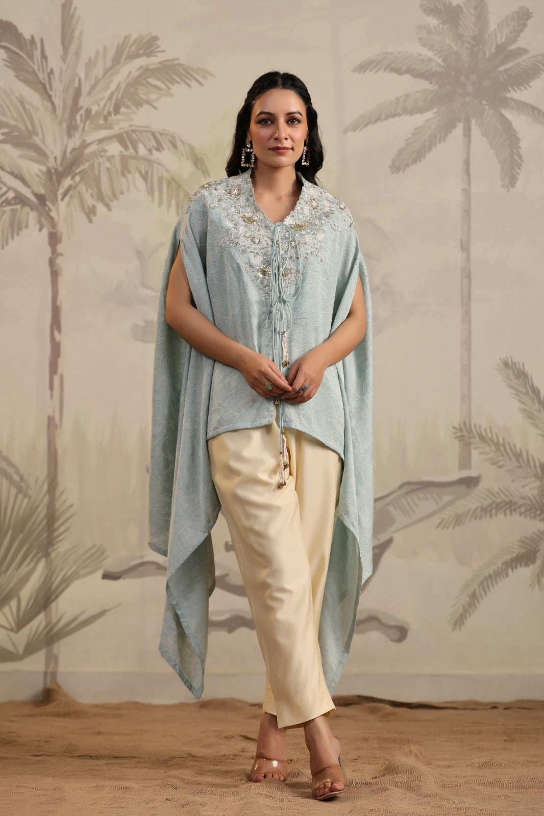 Pastel Blue Indo Western Kaftan Kurta Set for Women | Embroidered Co-Ord