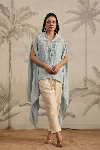 Pastel Blue Indo Western Kaftan Kurta Set for Women | Embroidered Co-Ord - Kaftan Pant Set