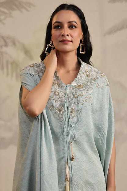 Pastel Blue Indo Western Kaftan Kurta Set for Women | Embroidered Co-Ord - Kaftan Pant Set