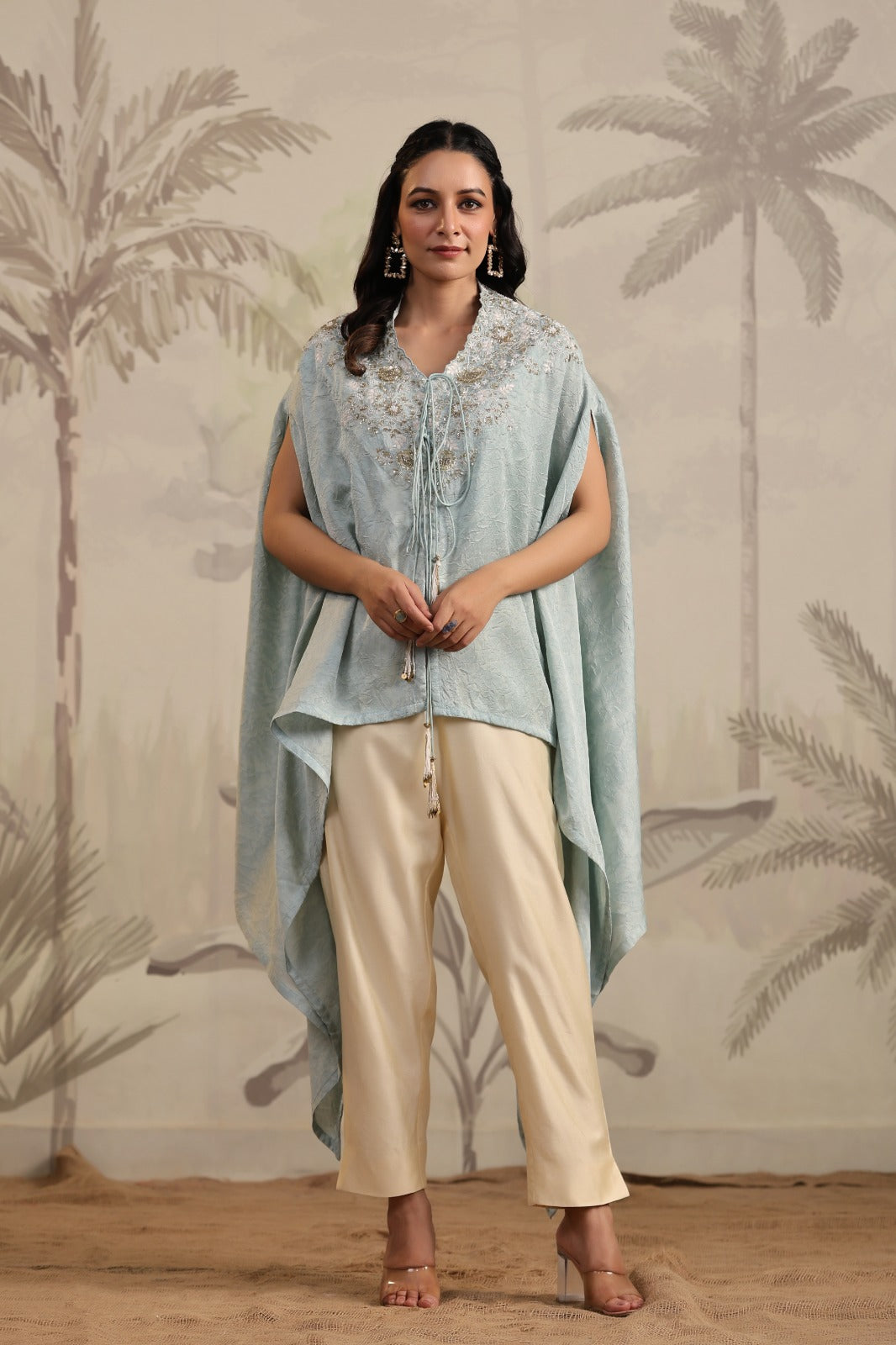 Pastel Blue Indo Western Kaftan Kurta Set for Women | Embroidered Co-Ord