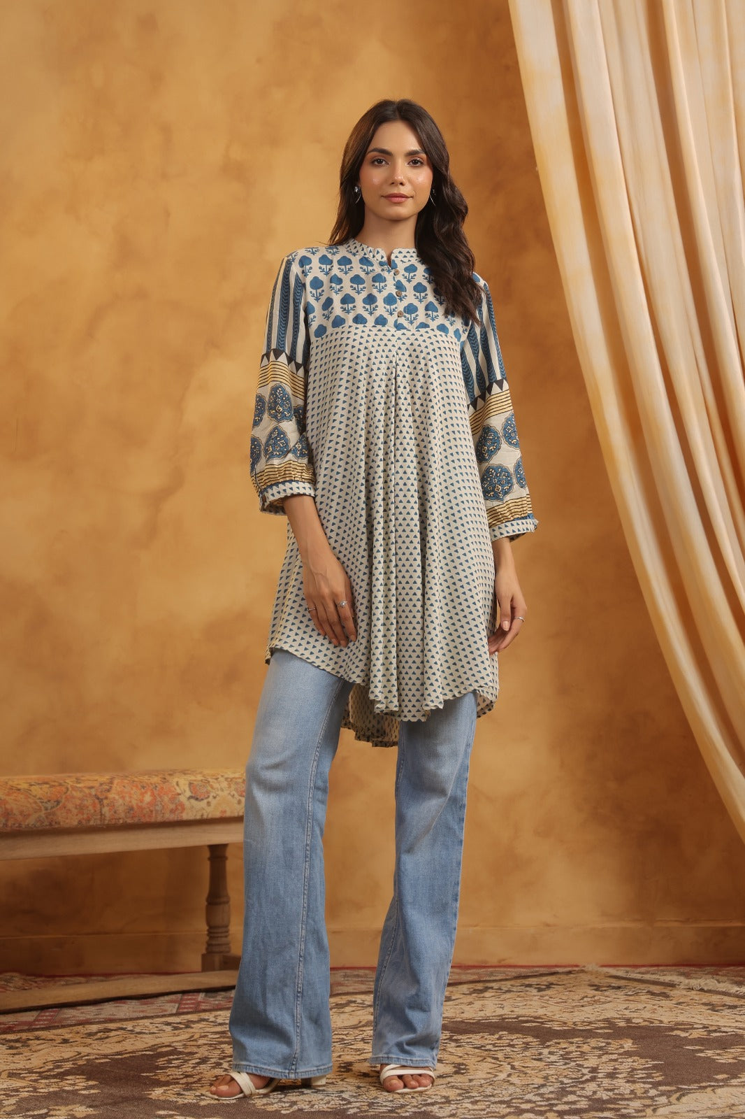 Blue Beige Muslin Flared Kurti with Printed Sleeves for Women