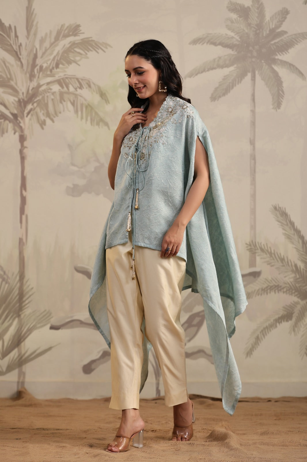 Pastel Blue Indo Western Kaftan Kurta Set for Women | Embroidered Co-Ord