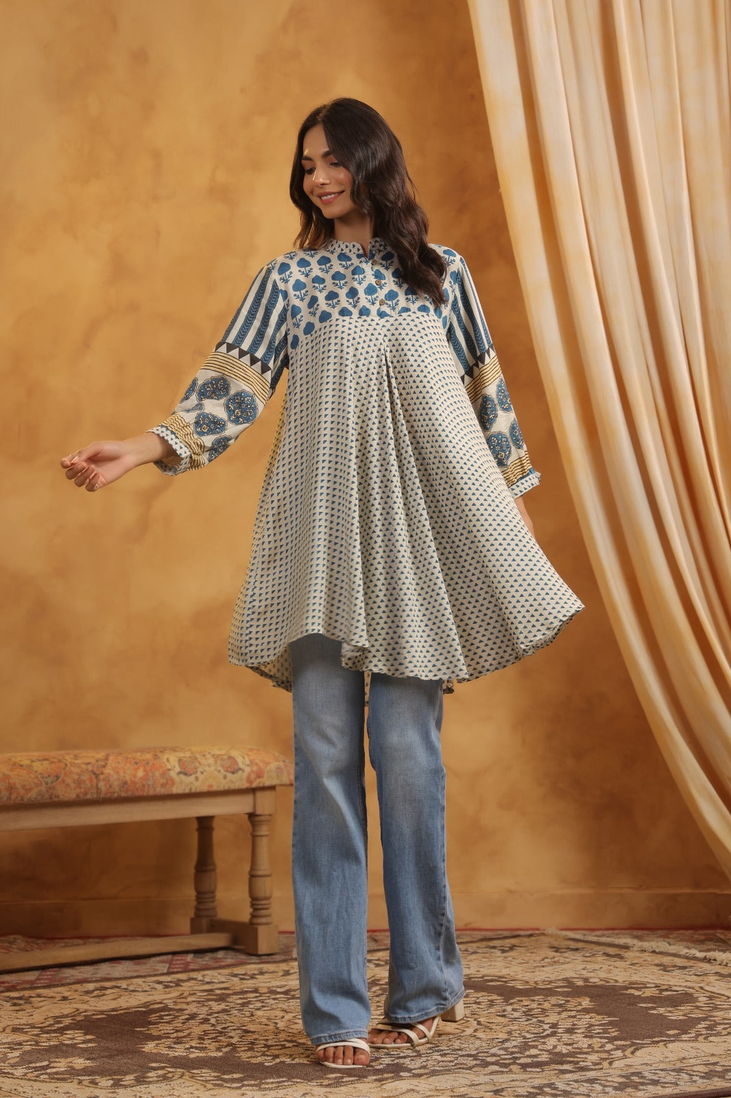 Blue Beige Muslin Flared Kurti with Printed Sleeves for Women