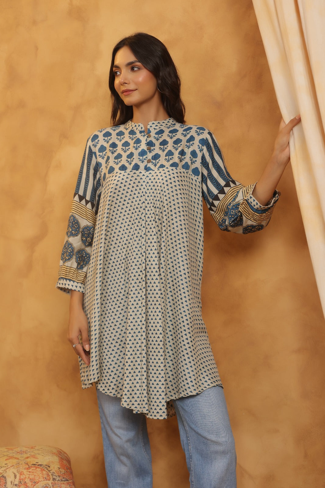 Blue Beige Muslin Flared Kurti with Printed Sleeves for Women