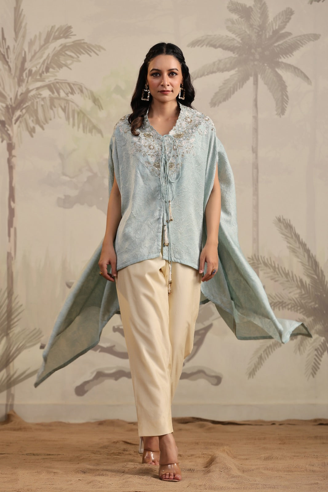 Pastel Blue Indo Western Kaftan Kurta Set for Women | Embroidered Co-Ord