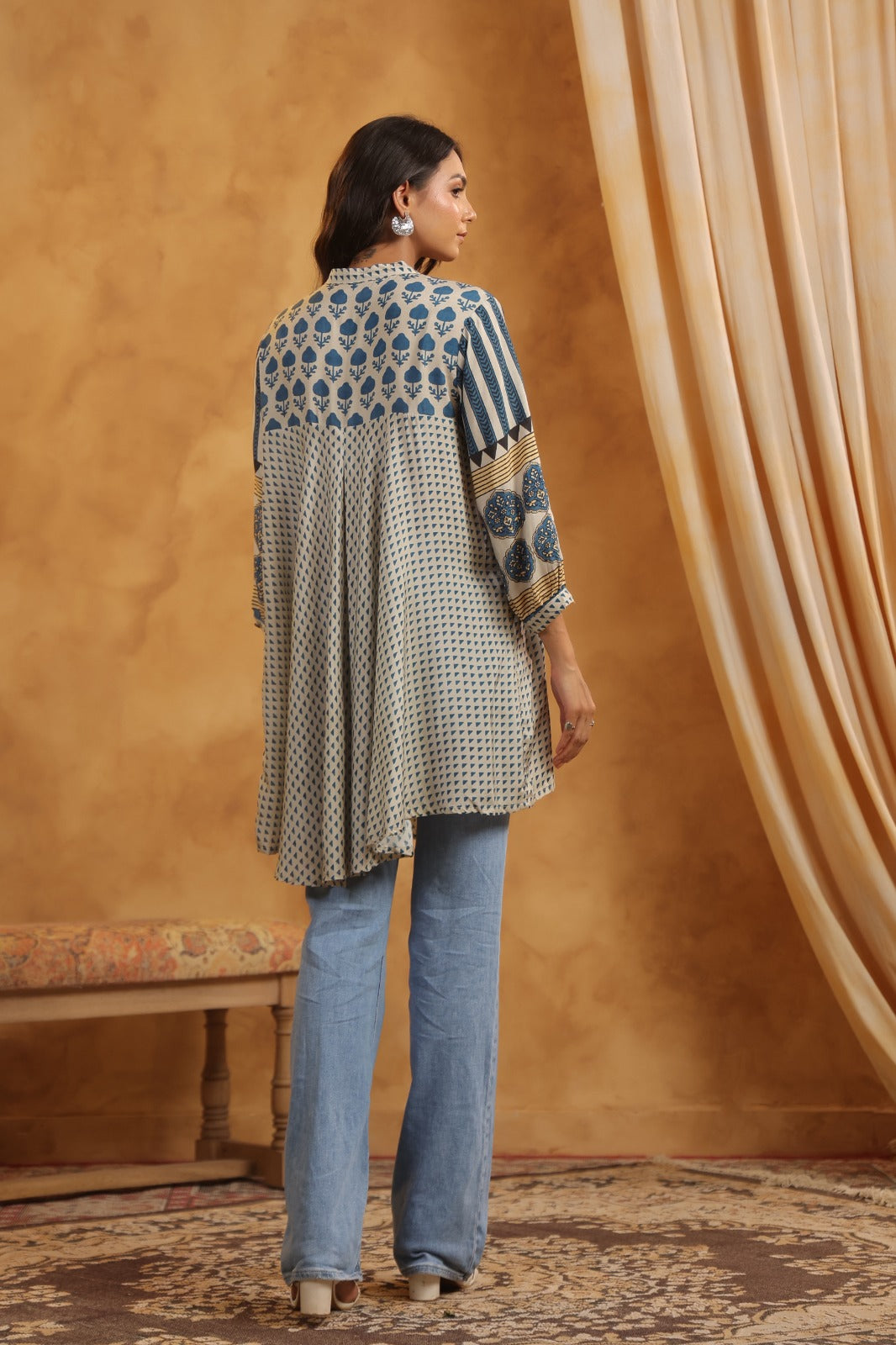 Blue Beige Muslin Flared Kurti with Printed Sleeves for Women