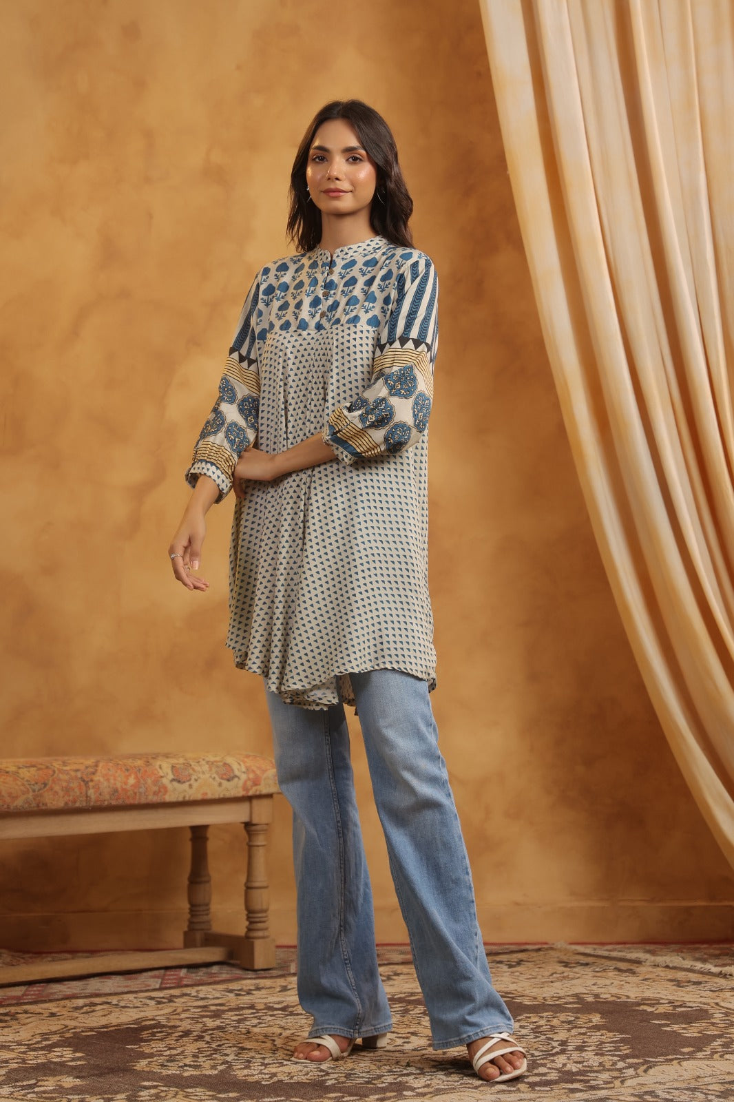 Blue Beige Muslin Flared Kurti with Printed Sleeves for Women