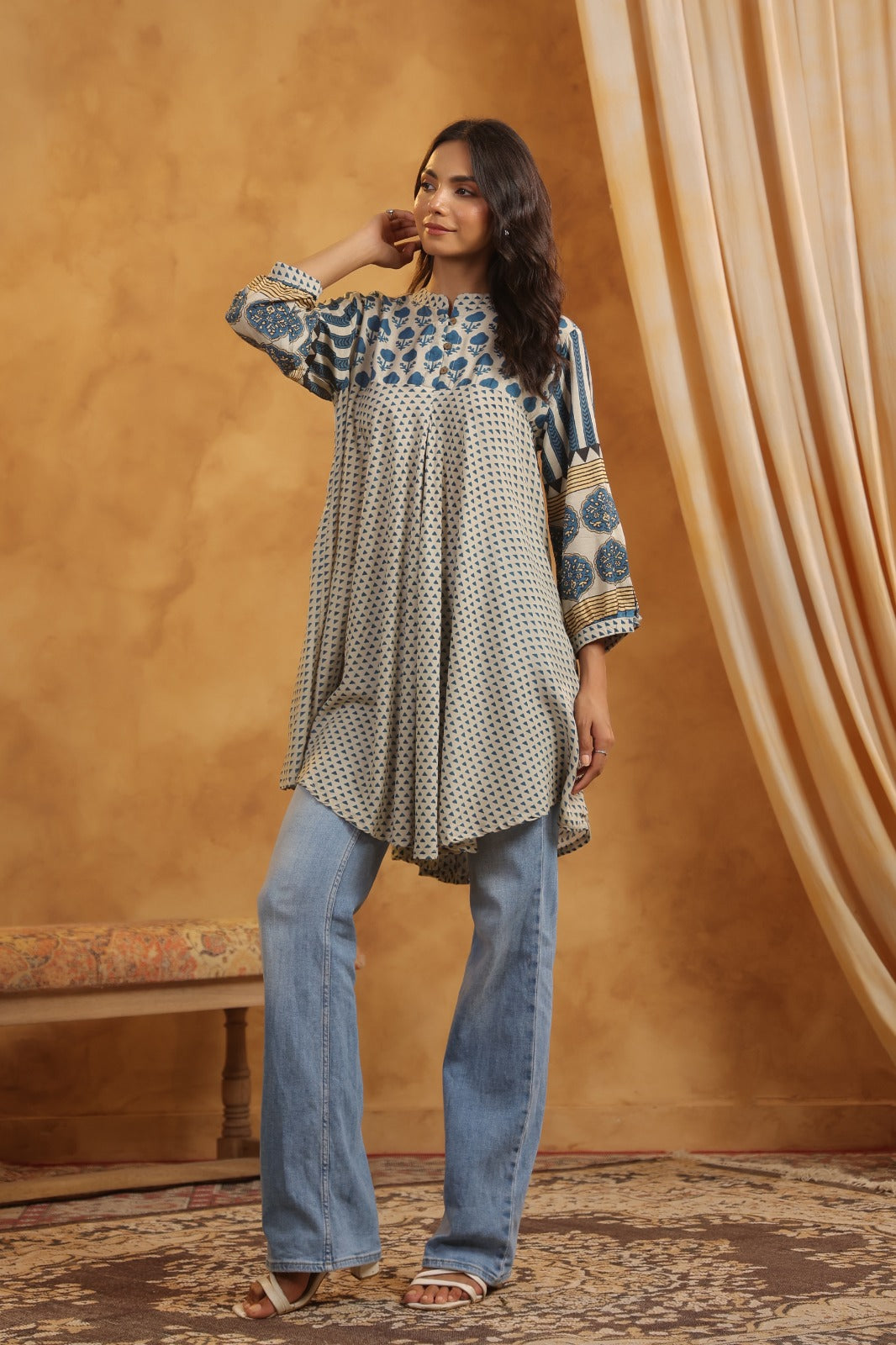 Blue Beige Muslin Flared Kurti with Printed Sleeves for Women