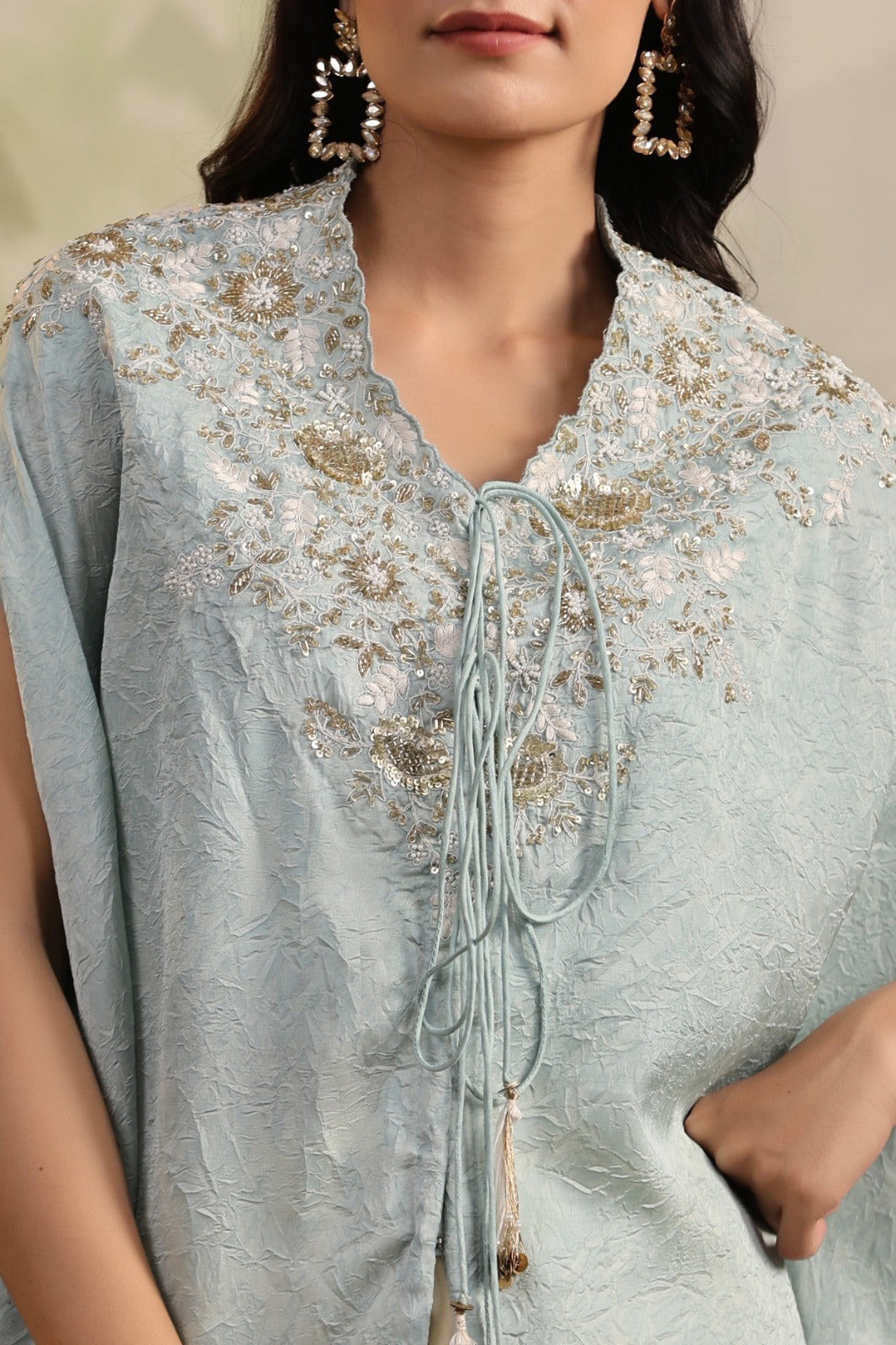 Pastel Blue Indo Western Kaftan Kurta Set for Women | Embroidered Co-Ord