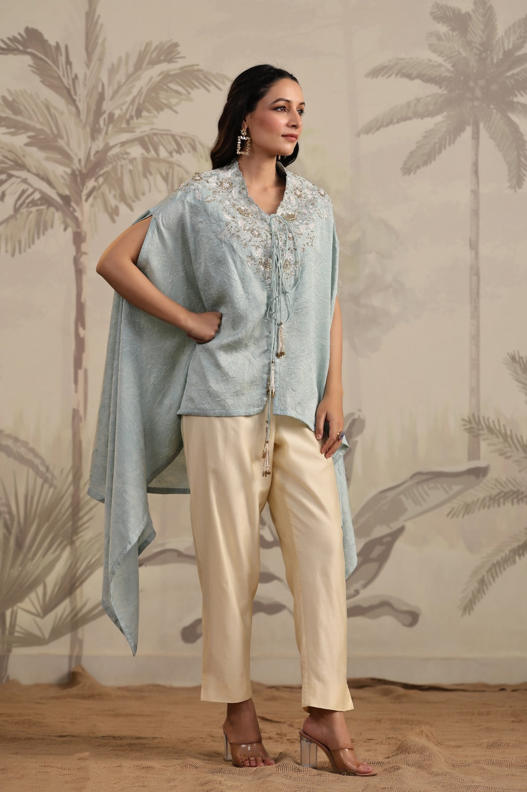 Pastel Blue Indo Western Kaftan Kurta Set for Women | Embroidered Co-Ord