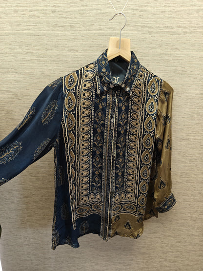 Olive green Blue Ajrakh Printed Crepe Shirt Top - shirt