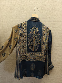 Olive green Blue Ajrakh Printed Crepe Shirt Top - shirt