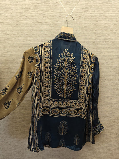Olive green Blue Ajrakh Printed Crepe Shirt Top - shirt