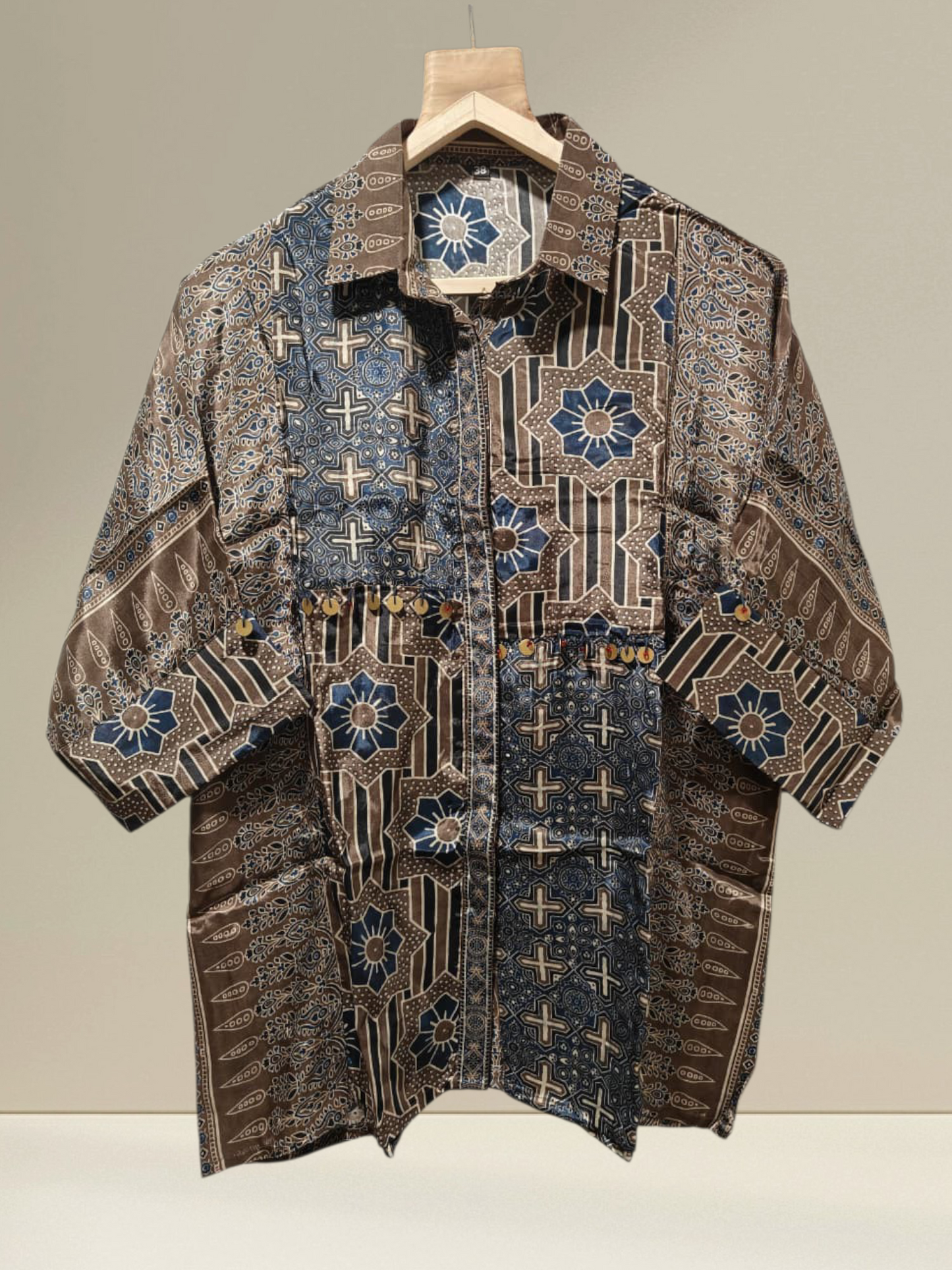 Brown Blue Half and Half style Ajrakh Printed Crepe Shirt Top