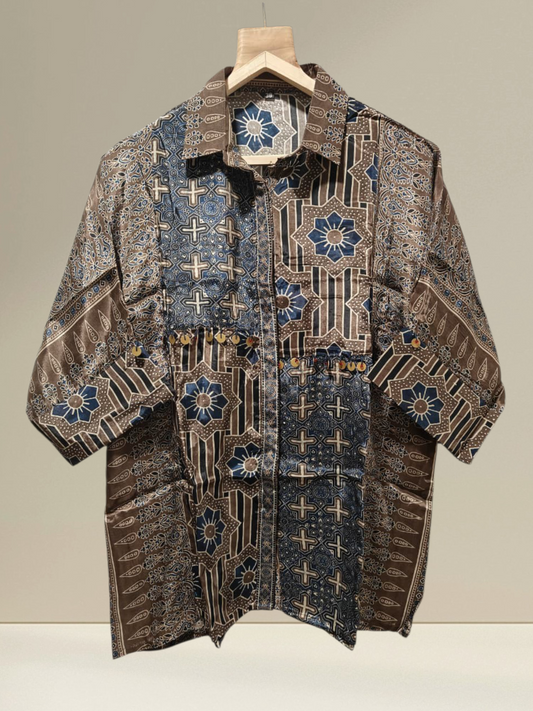Brown Blue Half and Half style Ajrakh Printed Crepe Shirt Top