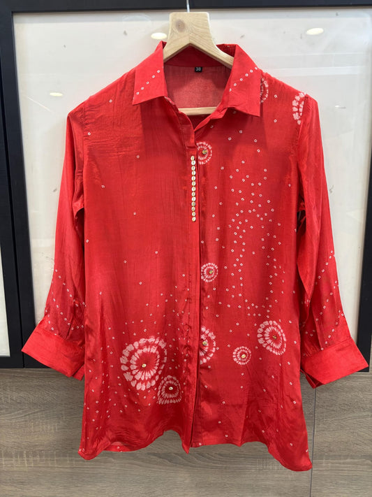 Red Designer Bandhani Printed Crepe Shirt Top