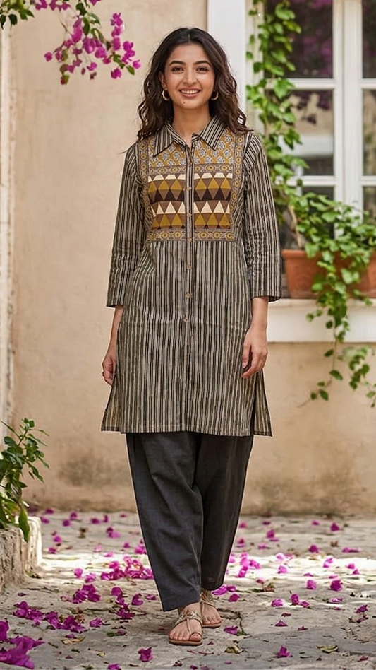 Charcoal & Yellow Print Cotton Kurti Pant Set
