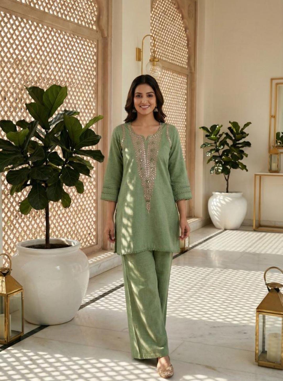 Peach Mirror Work Indo western kurta set