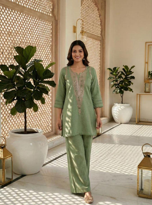 Peach Mirror Work Indo western kurta set