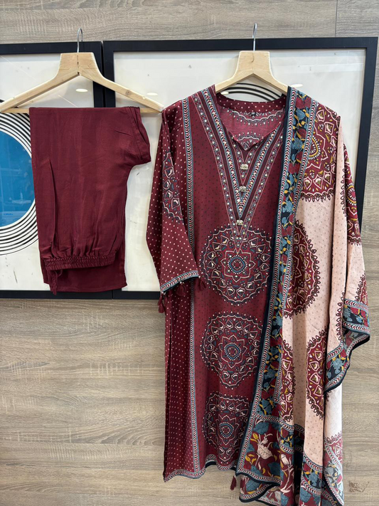Ajrakh Maroon Beige Stripe Kurta Pant Dupatta set