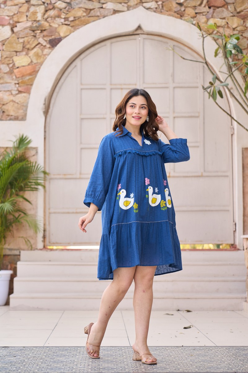 Petrol Blue Duck Hand Painted Cotton Tiered Dress