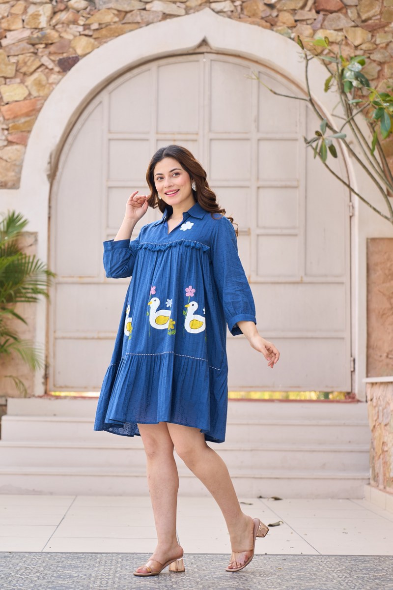 Petrol Blue Duck Hand Painted Cotton Tiered Dress