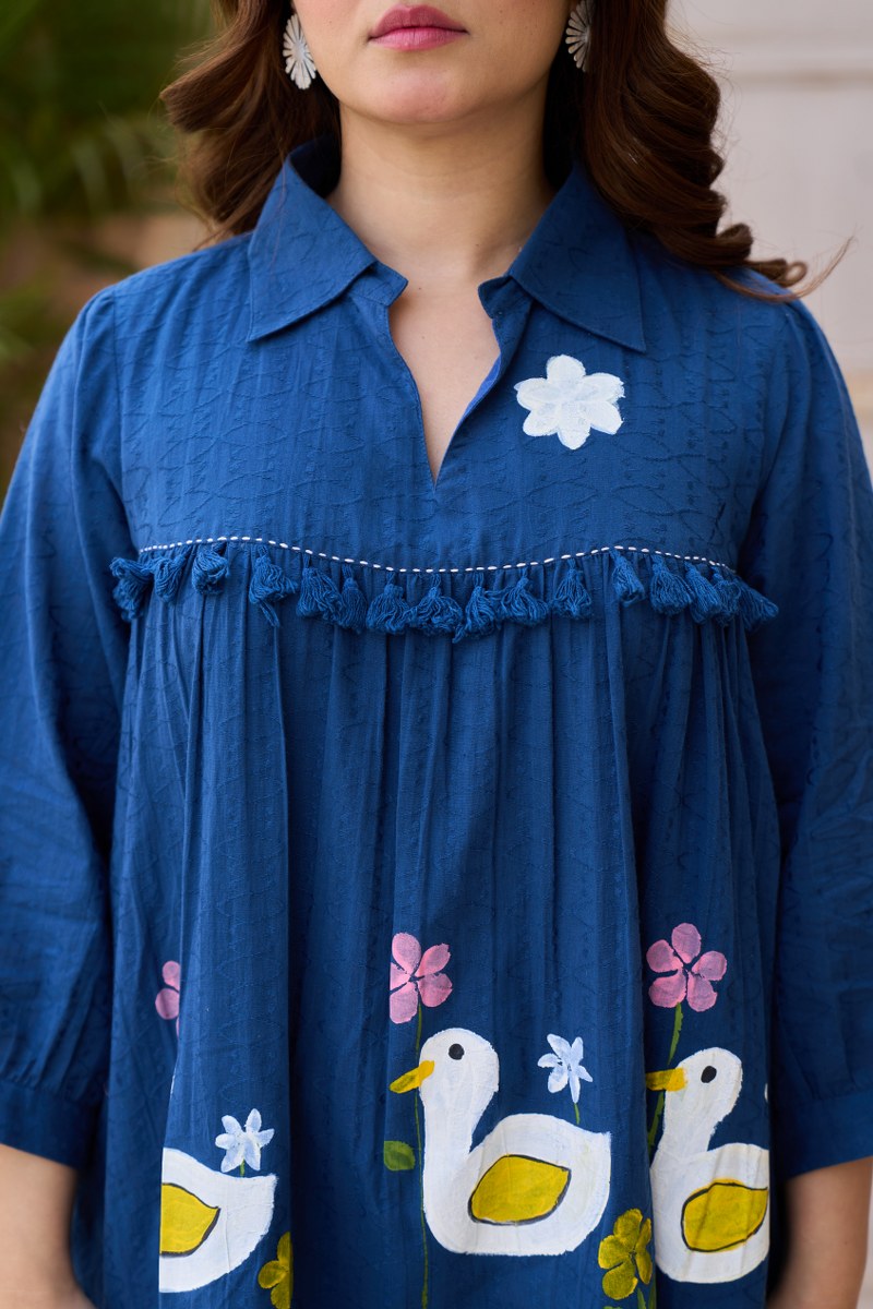 Petrol Blue Duck Hand Painted Cotton Tiered Dress