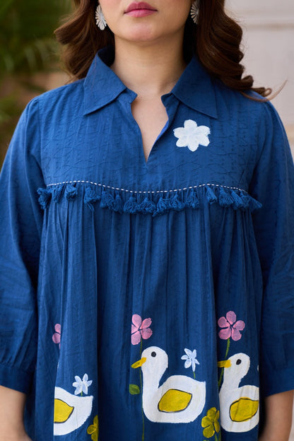 Petrol Blue Duck Hand Painted Cotton Tiered Dress