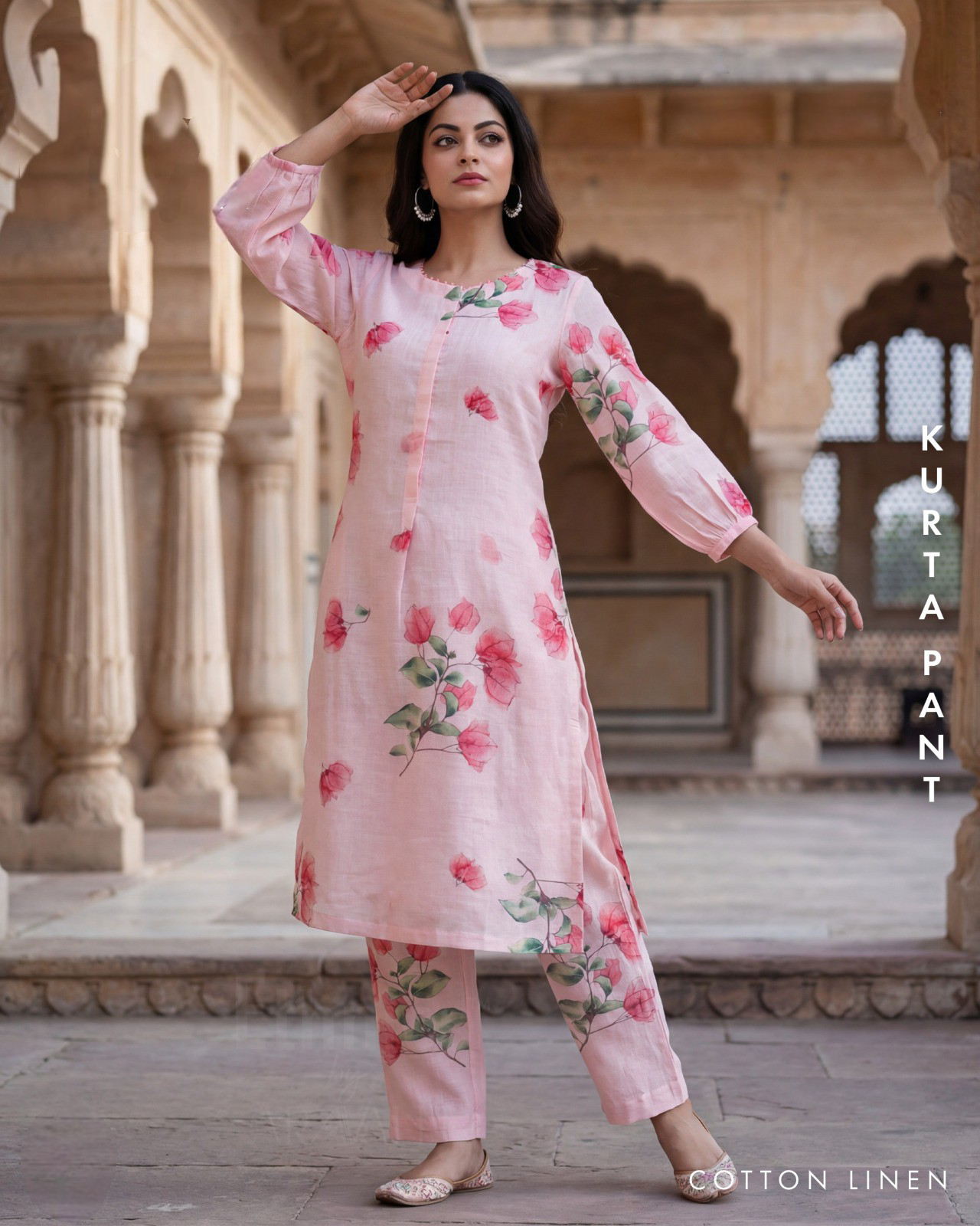 Pink Cotton Linen Floral Kurti Pant set
