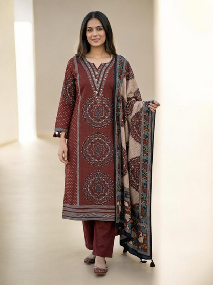 Ajrakh Maroon Beige Stripe Kurta Pant Dupatta set