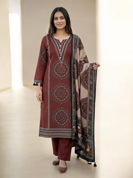 Ajrakh Maroon Beige Stripe Kurta Pant Dupatta set
