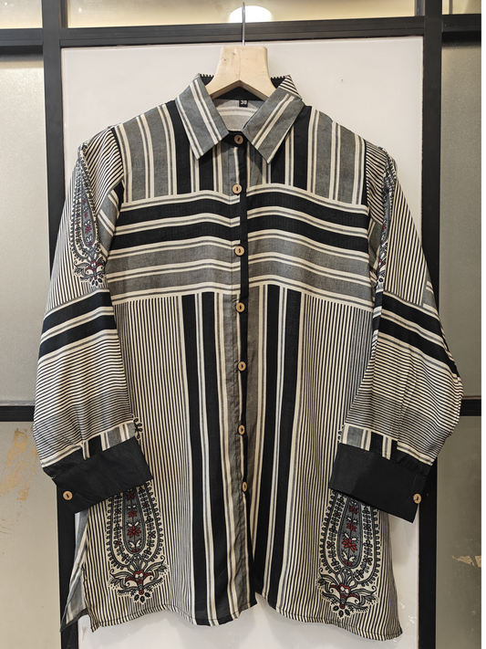 Black and White Stripe with placement Ajrakh printed Shirt