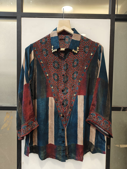 Blue and Beige Stripe Ajrakh printed Shirt