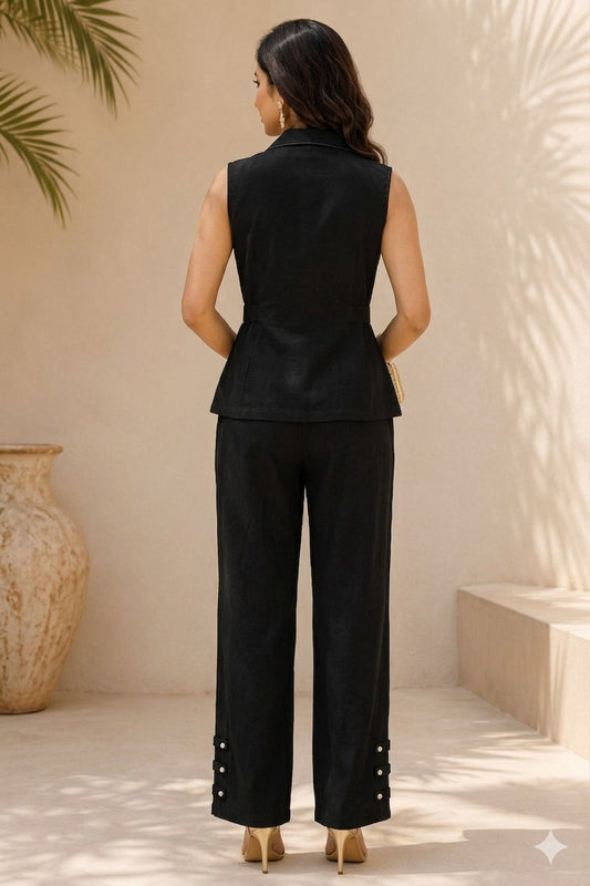 Black Tailored Peplum Waistcoat Top with Straight Wide-Leg Pants