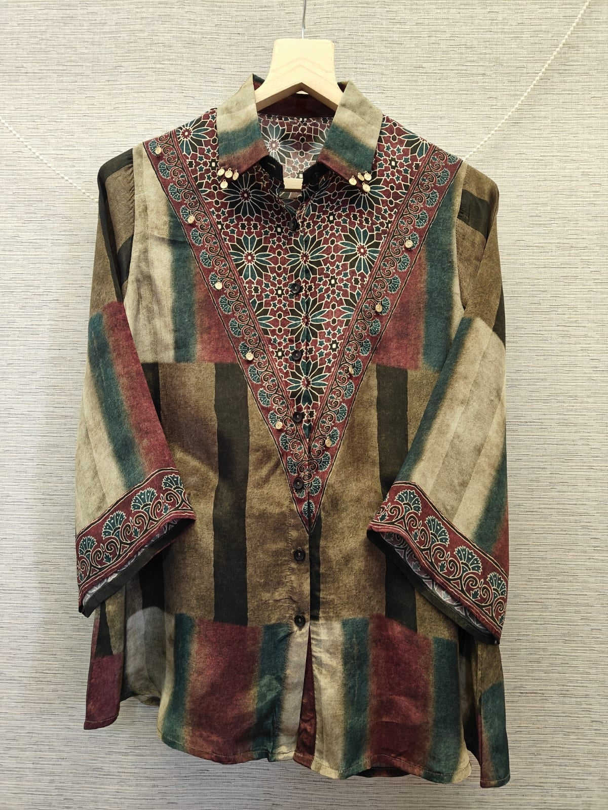 Green Stripe Ajrakh printed Shirt