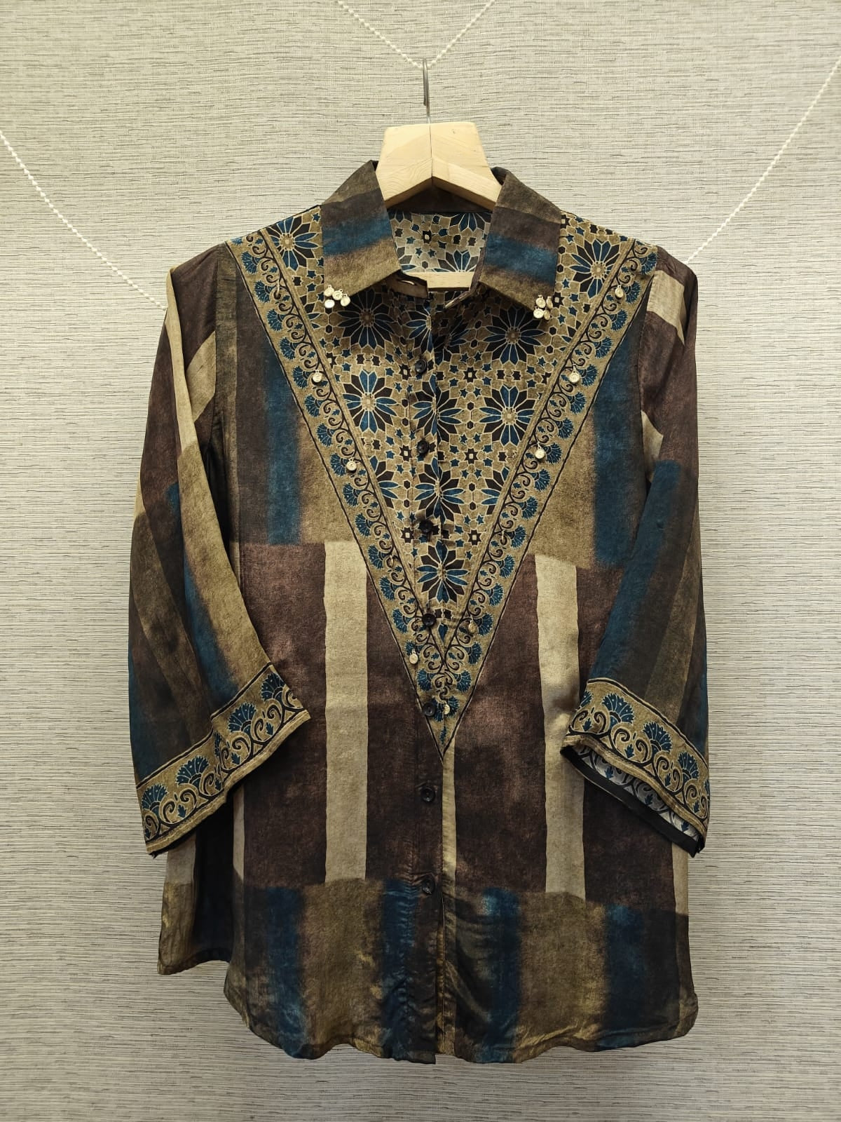 Brown blue Stripe Ajrakh printed Shirt
