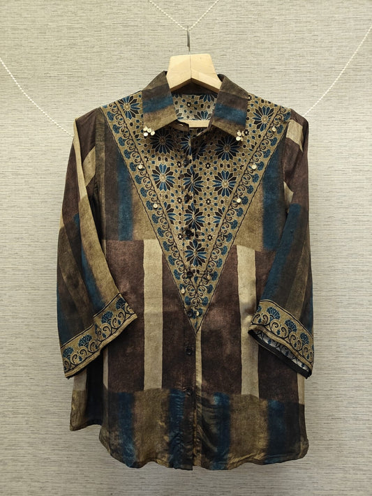 Brown blue Stripe Ajrakh printed Shirt