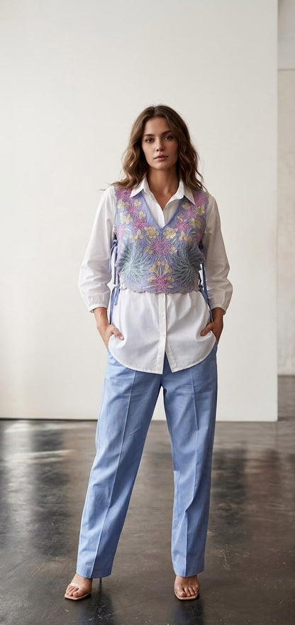 Powder Blue Floral Embroidered Waistcoat Co-ord Set