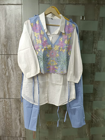 Powder Blue Floral Embroidered Waistcoat Co-ord Set