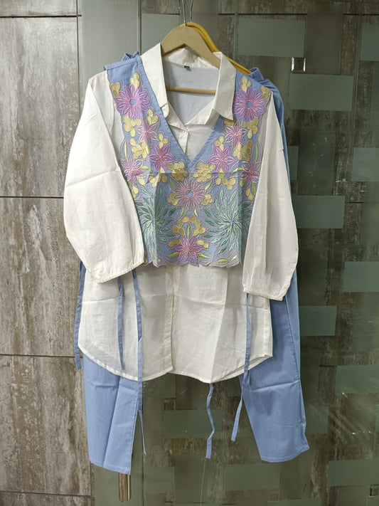 Powder Blue Floral Embroidered Waistcoat Co-ord Set