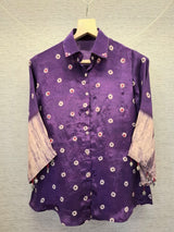 Purple Bandhej and Shibori print shirt with contrast tassel sleeve detail