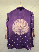 Purple Bandhej and Shibori print shirt styled with white trousers – women's ethnic fusion wear