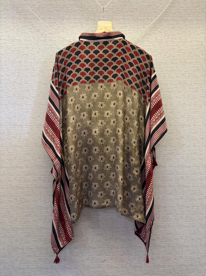 Olive Green and Red Printed Fusion Kaftan Top