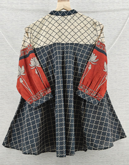 Black & Beige Scallop Print Kurti with Red Floral Sleeves