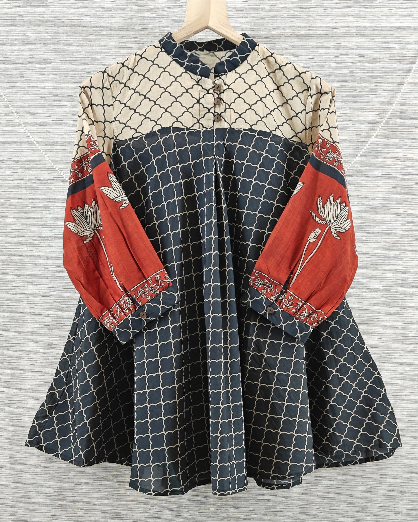 Black & Beige Scallop Print Kurti with Red Floral Sleeves