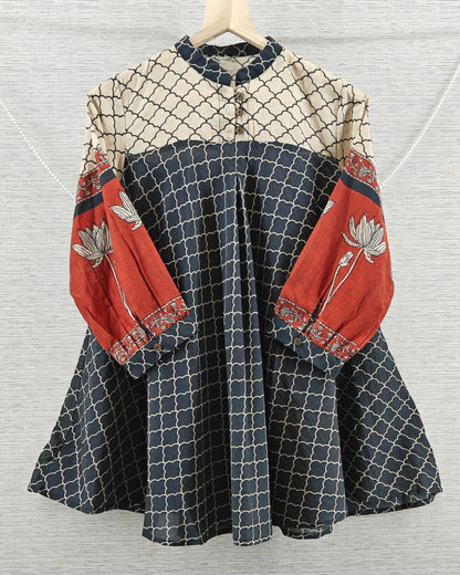Black & Beige Scallop Print Kurti with Red Floral Sleeves