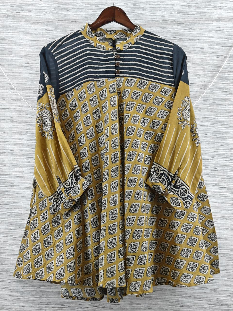 Yellow & Black Stripe and Ajrakh Inspired Mul Chanderi Short Kurti for Women