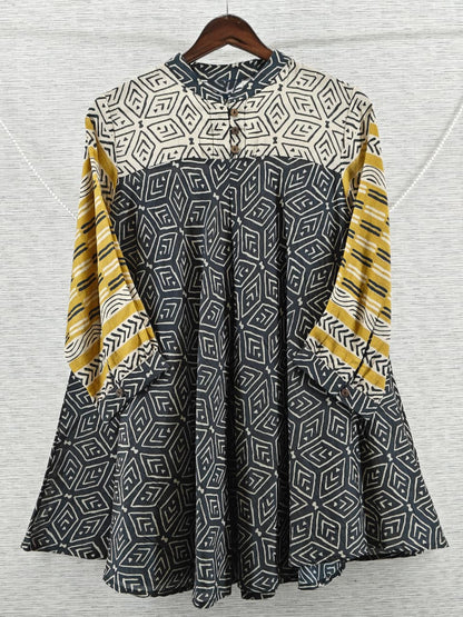 Black Geometric Print Mul Chanderi Short Kurti for Women